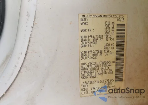 2018 Nissan Titan S z USA, uszkodzony, nr VIN 1N6AA1EJ2JN537995